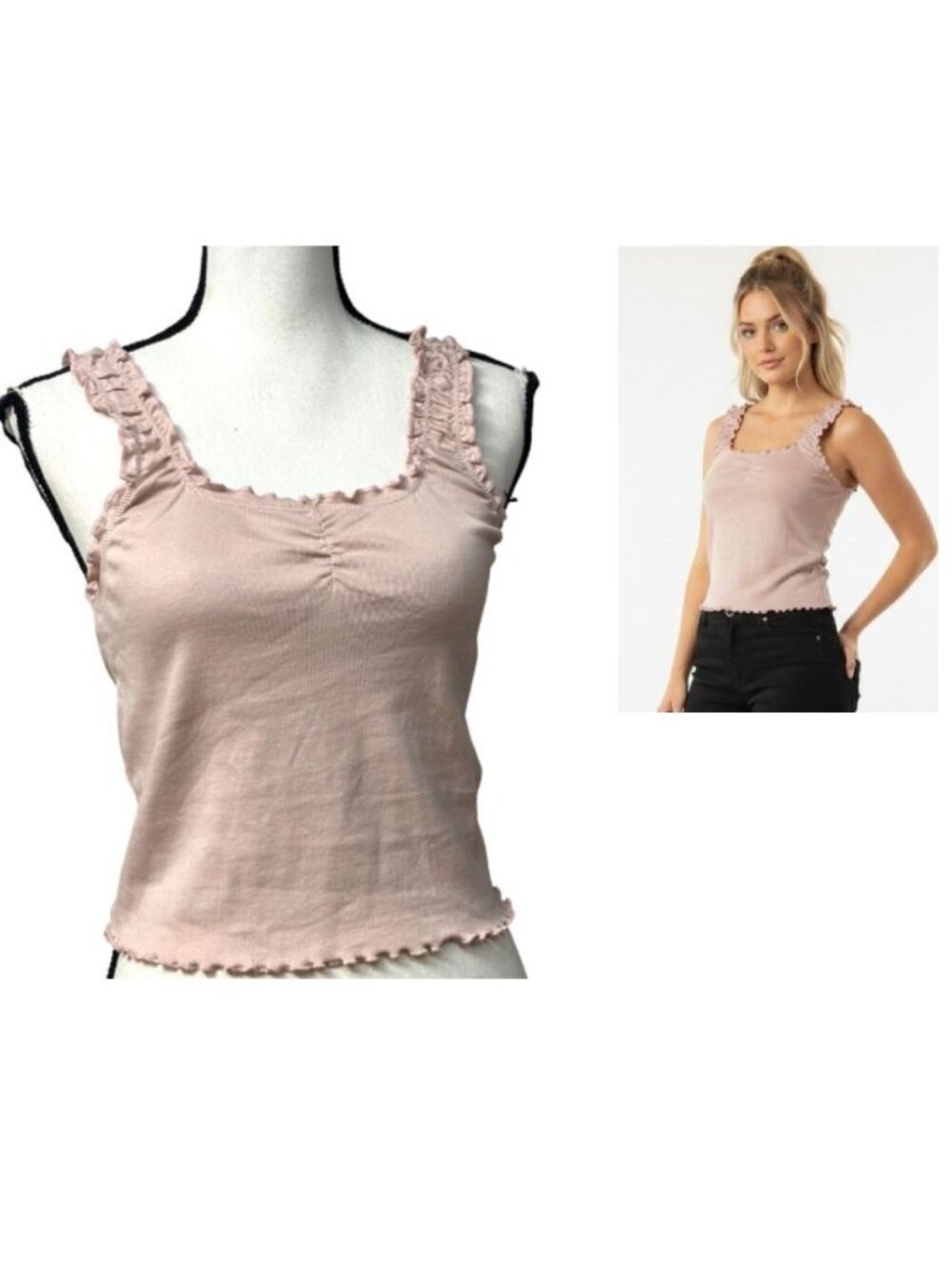 Topshop Ruffled Straps Ruched Front Lettuce-Edge Tank Top, Dirty Pink, Sz. L